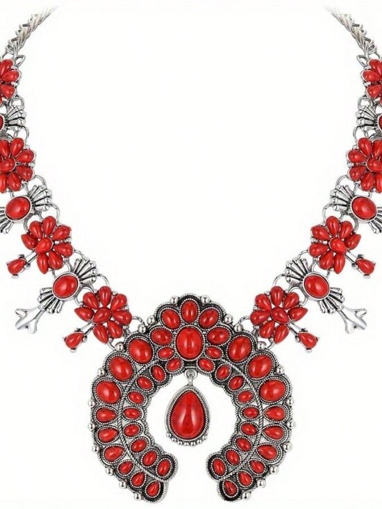 Bohemian Art Deco Women's Red faux Turquoise stone Necklace - Picture 2 of 5